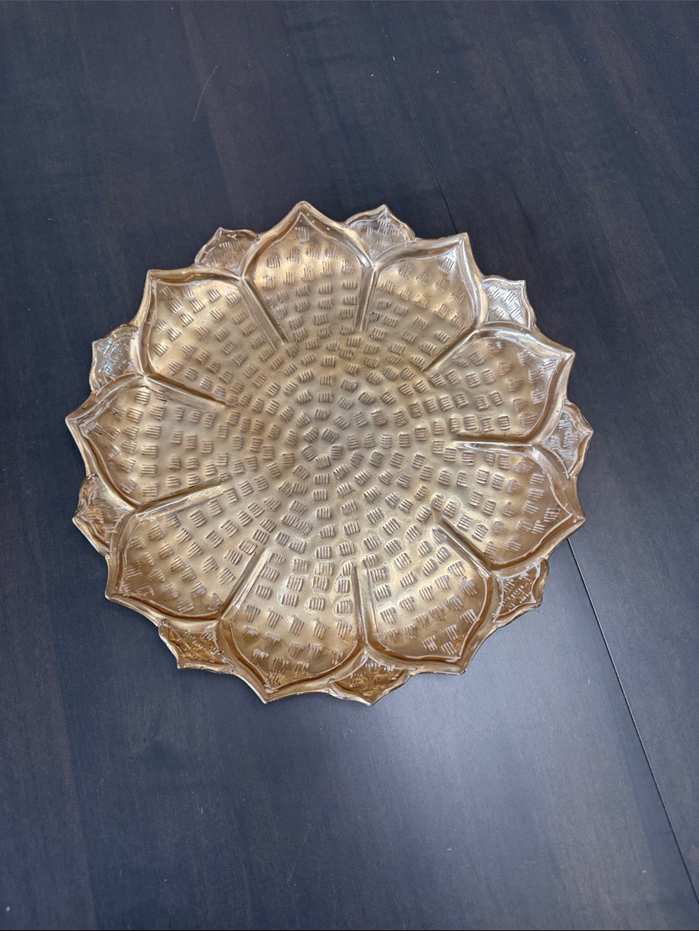 NWT Platter Tray Metal India Brass tone Gold Tone Petal edges Decor Boho